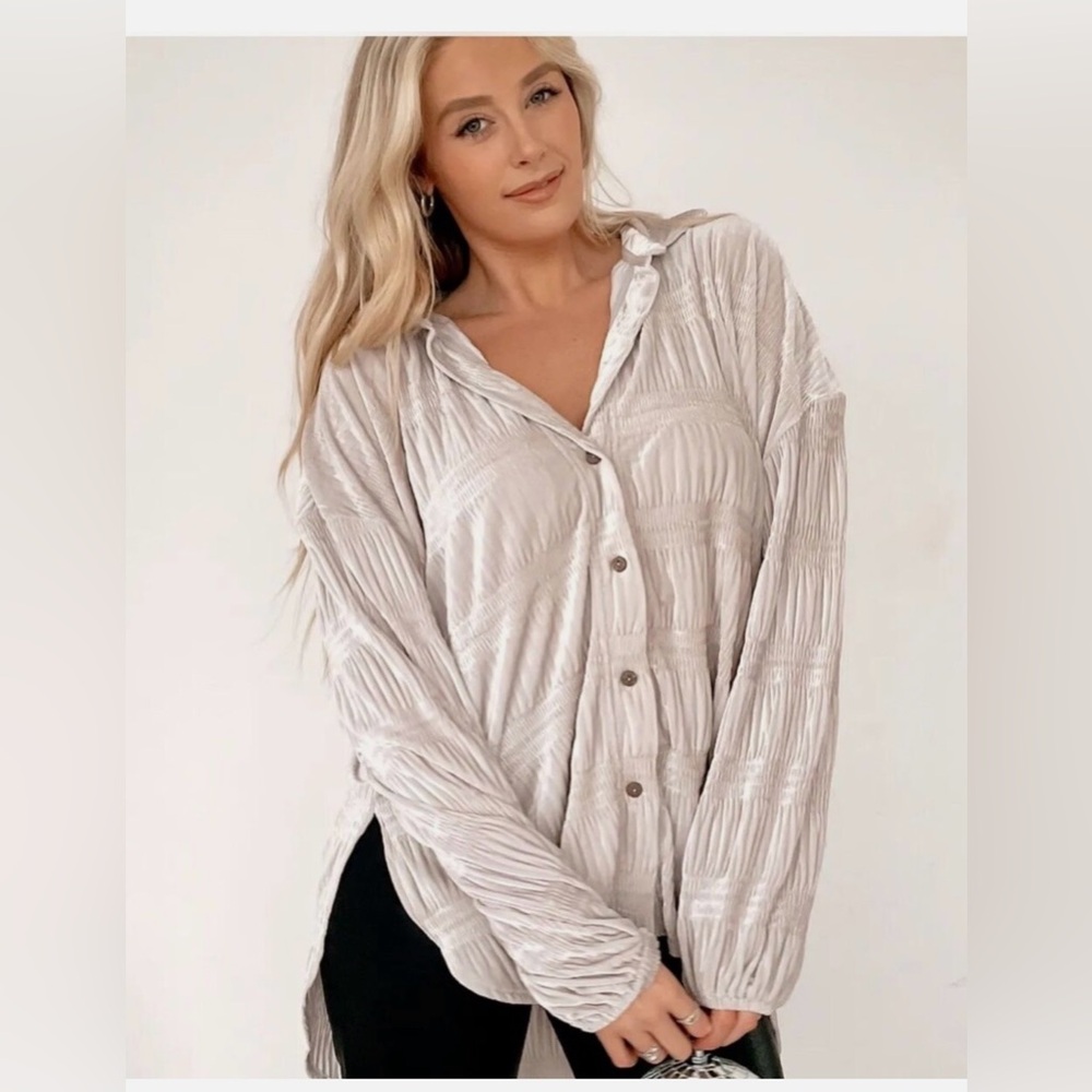 Free People My Best Top Velour Boho Blouse In Winter Fog Size L